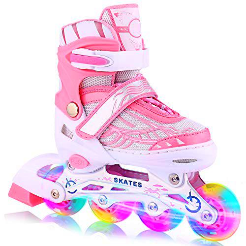 WeSkate Ajustable Patines en línea para niños con Ruedas de PU Luminosas [Triple protección] [Pequeño: 31-34 de EE.UU.-Rosado]