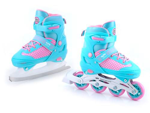 SMJ Lily Juego de Patines en línea 2 en 1 Ajustables | ABEC-7 Patines en línea Convertibles en Patines sobre Hielo | Turquesa/Rosa (XS (26